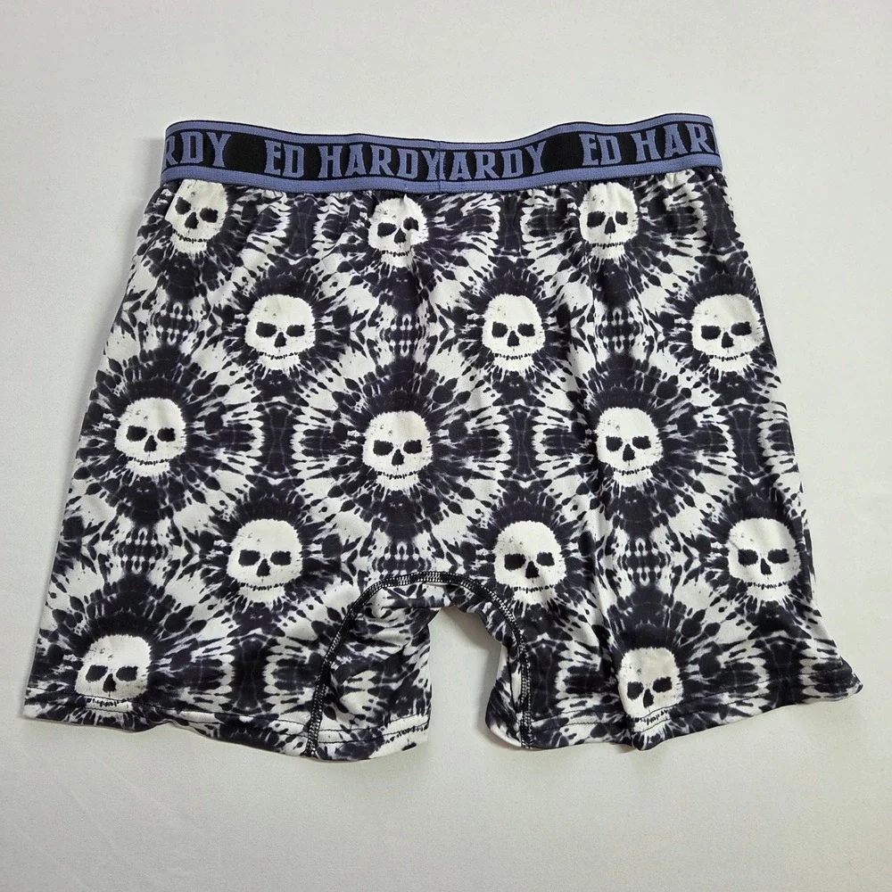 Ed Hardy Mens Boxer Briefs Large Black‎ White Tie Dye Skull Waistband Underwear